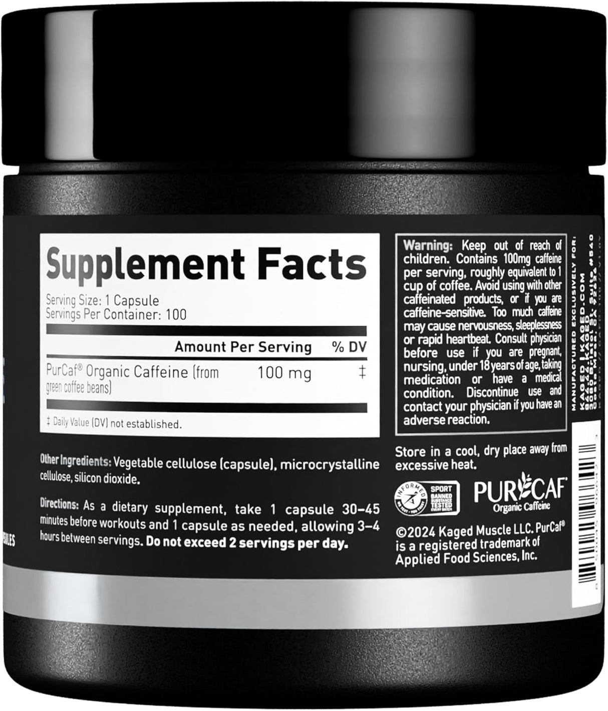 Suplemento de cafeína Kaged 100mg, sin nervios, 100 pastillas