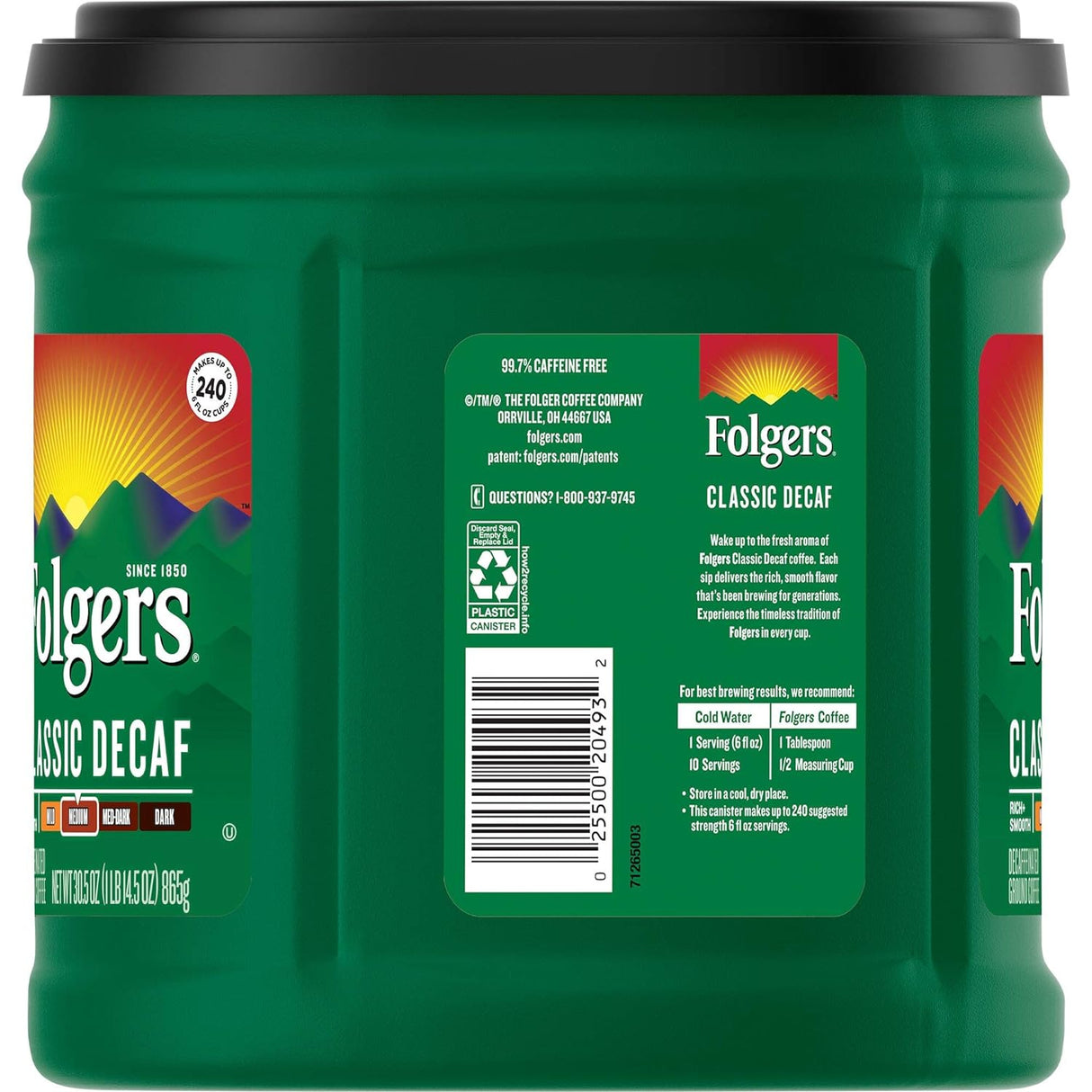 Café Molido Descafeinado Folgers, Tostado Medio, 30.5 Oz