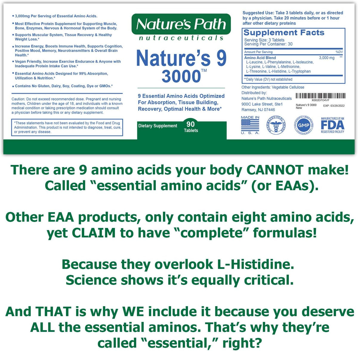 Nature's 9 Suplemento EAA Aminoácidos, 9A, 90 pastillas