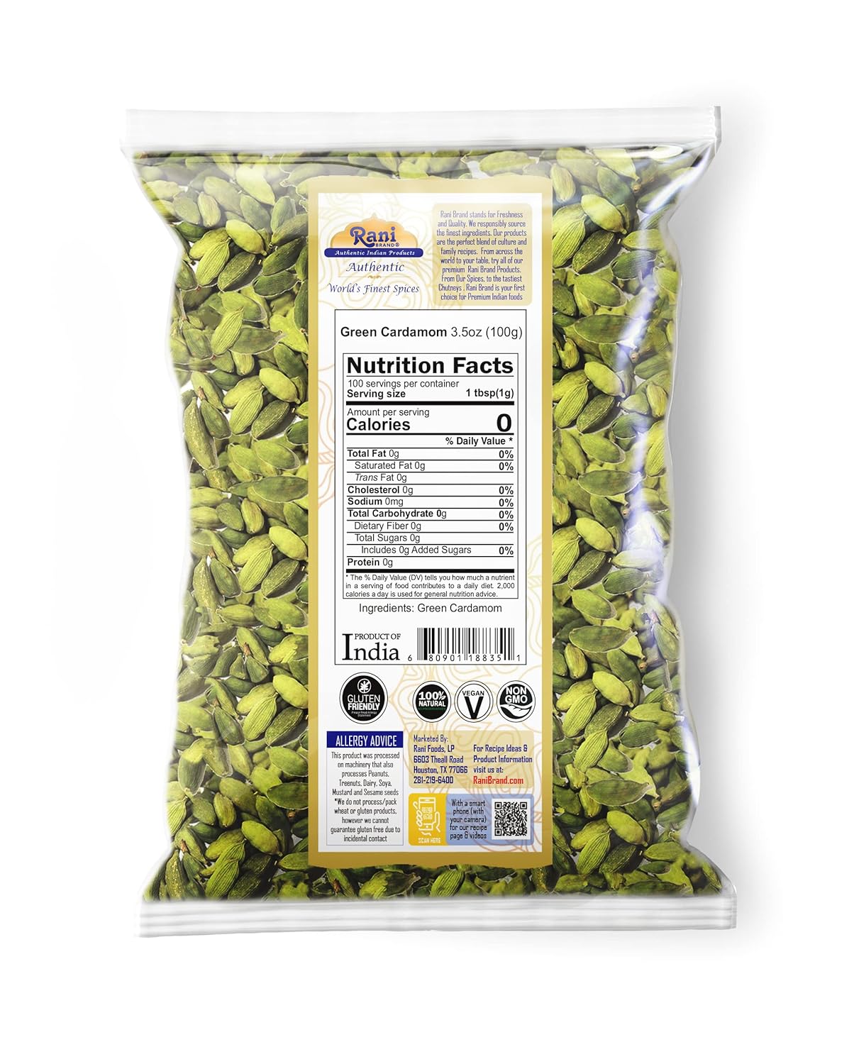 Rani Cardamomo Verde Natural Vegano 3.5oz Hari Elachi