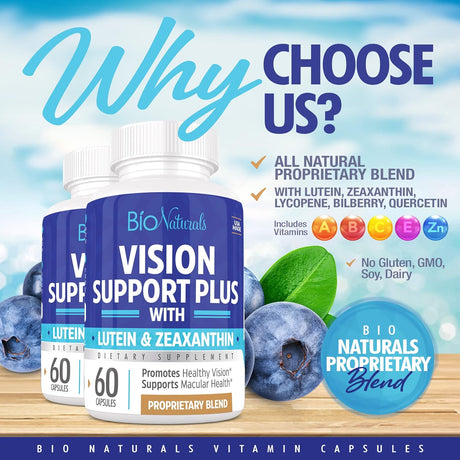 Suplemento vitamínico para los ojos con luteína, zeaxantina, licopeno, arándano, quercetina y más, mezcla patentada totalmente natural que apoya la visión y la salud macular, 60 cápsulas