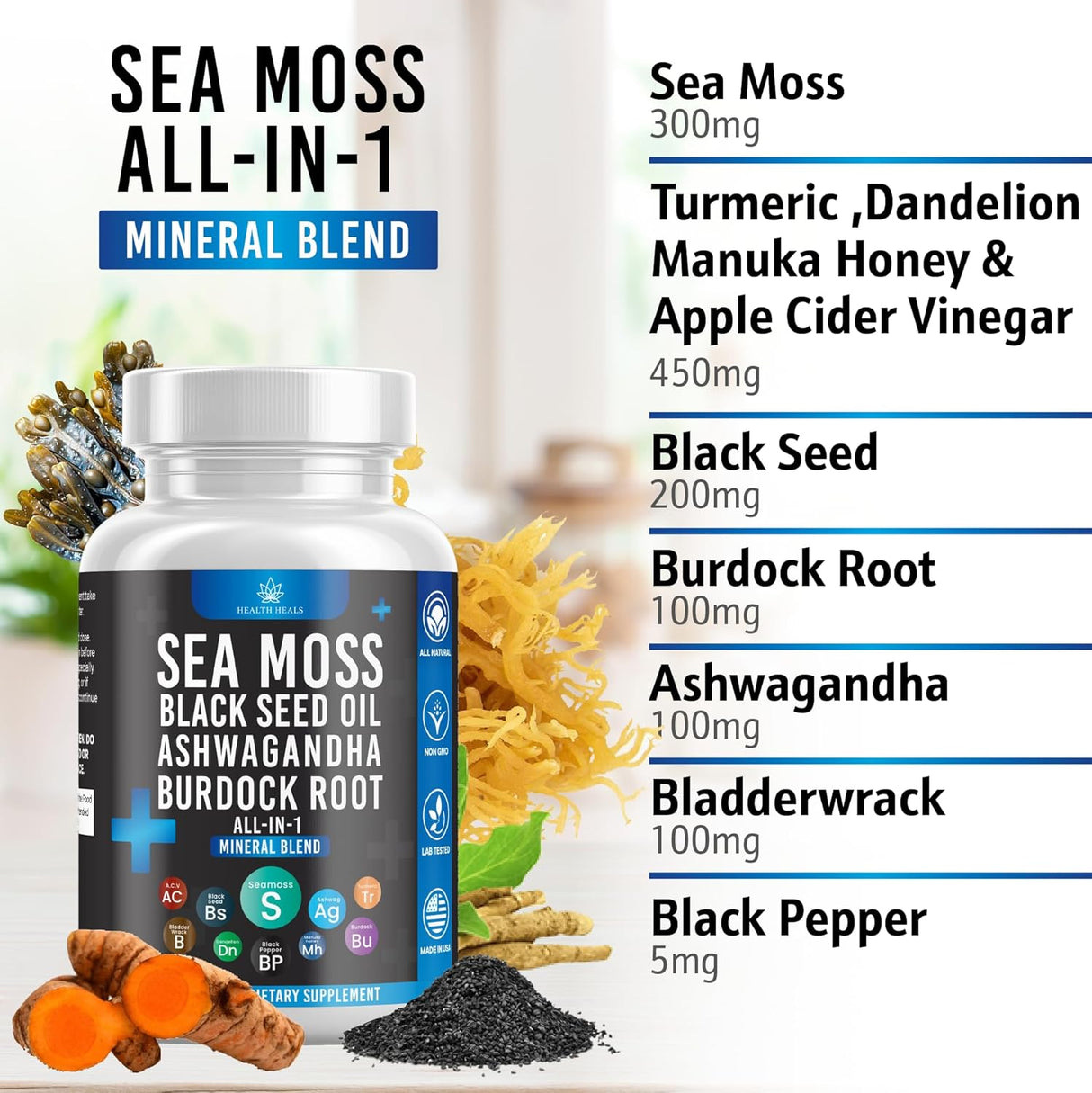 Sea Moss Black Seed Oil Ashwagandha Bladderwrack Burdock - 180 Cápsulas