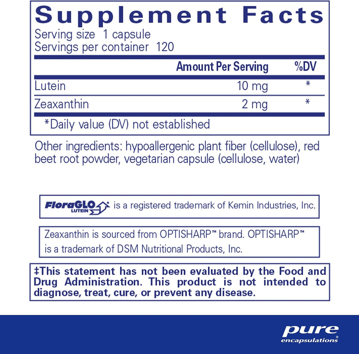 Suplementos Pure Encapsulations Luteína/Zeaxantina 120 und