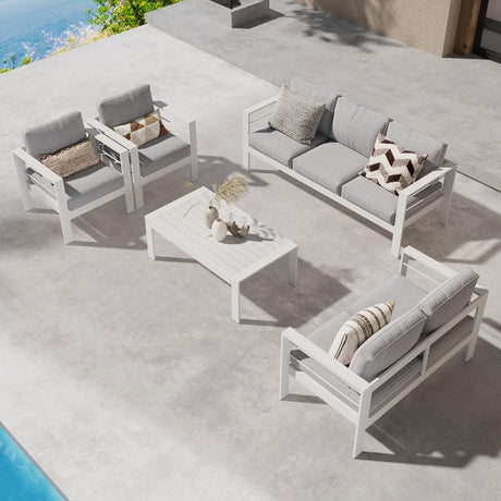 Wisteria Lane Juego de muebles de patio de aluminio para exteriores, modernos juegos de conversación de patio, sofá modular de metal para exteriores con cojín de 5 pulgadas y mesa de centro para balcón, jardín, gris claro