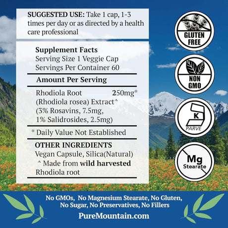 Suplemento Rhodiola Rosea 60 cápsulas veganas Kosher  250 mg