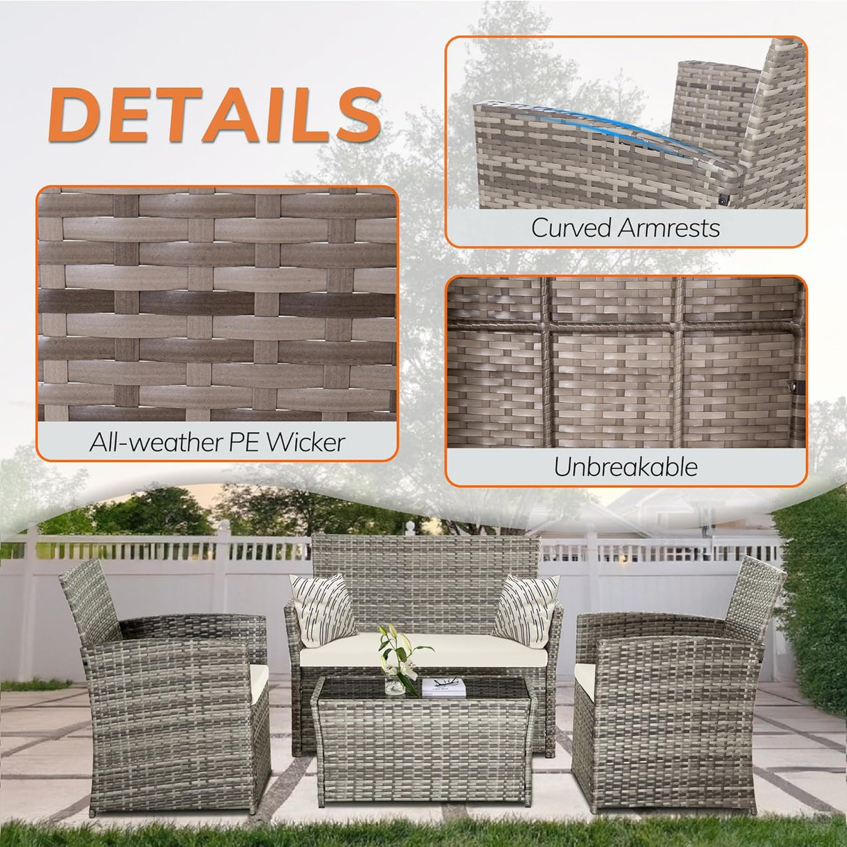 Seogwisam Juego de muebles de patio de 4 piezas, juegos de conversación de mimbre para exteriores, sofá seccional de ratán con mesa de café, cojines de asiento para patio trasero, porche, jardín,