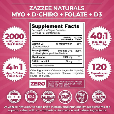 Zazzee Inositol + D-Chiro + Folate + D3 Vegan 30 días