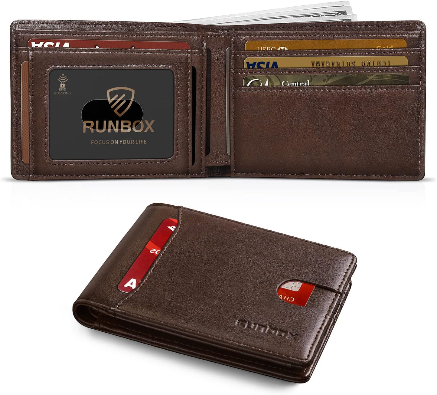 Billetera RUNBOX para hombres, delgada, con RFID, modelo Bifold