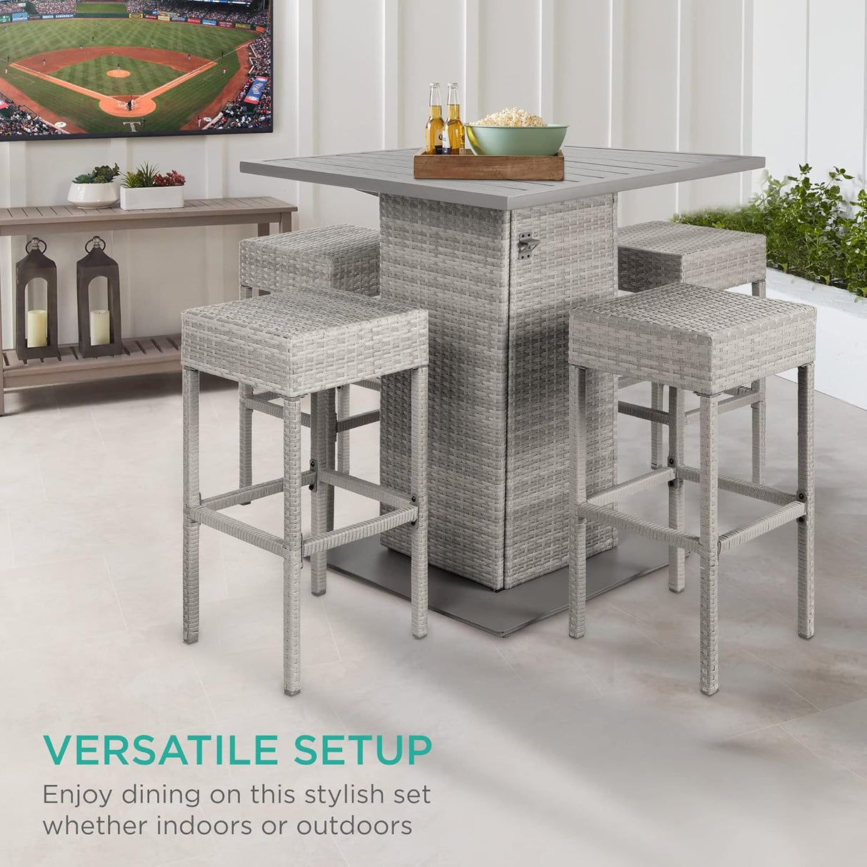 Best Choice Products Juego de mesa de mimbre de 5 piezas para patio, piscina, patio trasero con abridor de botellas integrado, estante de almacenamiento oculto, mesa de metal, 4 taburetes, color gris