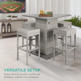 Best Choice Products Juego de mesa de mimbre de 5 piezas para patio, piscina, patio trasero con abridor de botellas integrado, estante de almacenamiento oculto, mesa de metal, 4 taburetes, color gris