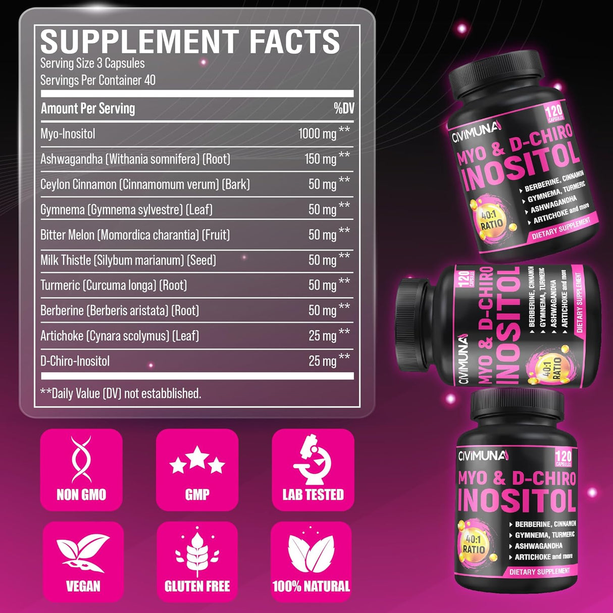 Suplemento de Inositol con Ashwagandha, Berberina y Canela - 120 cápsulas