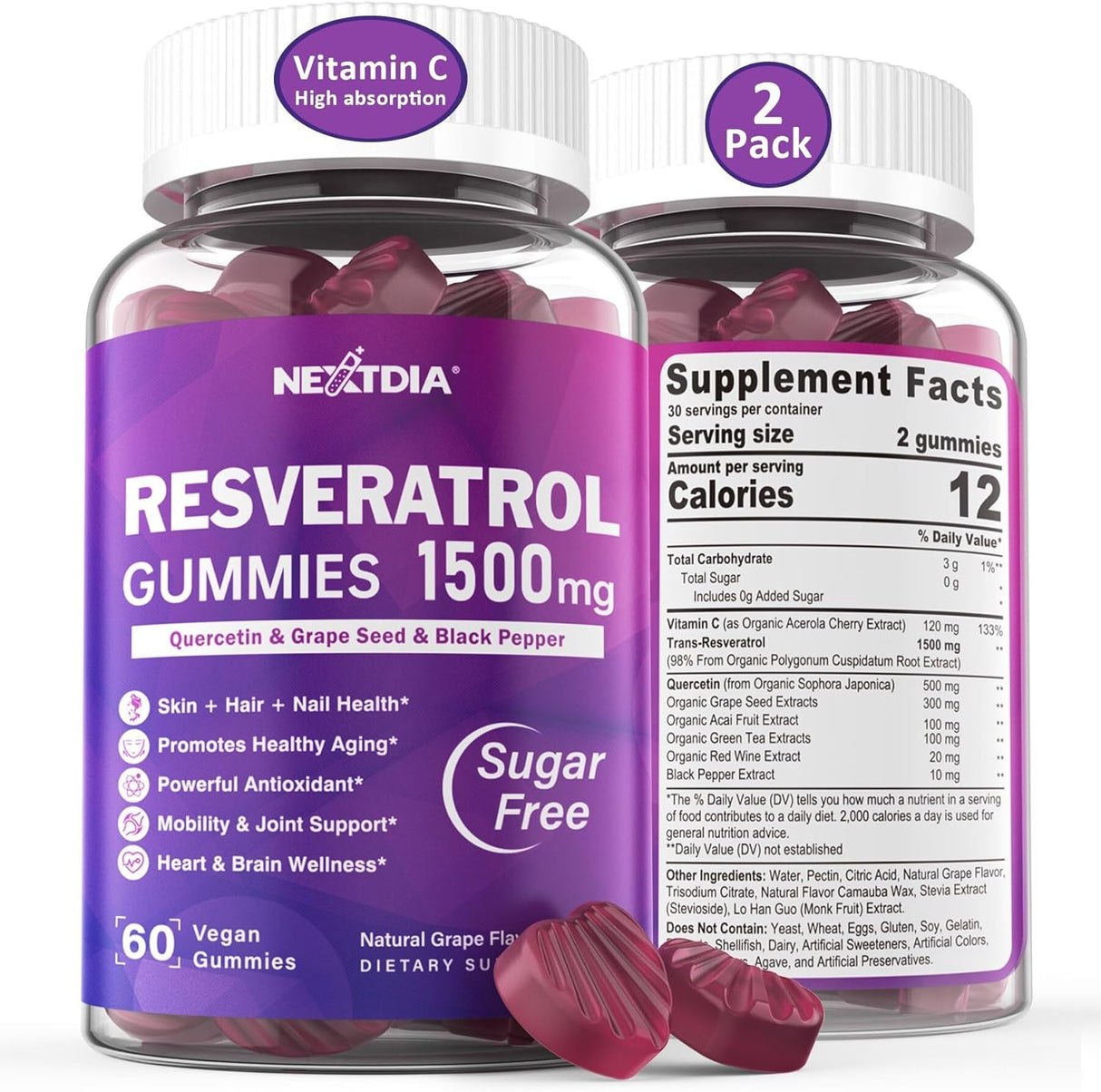 Suplemento Gomitas de resveratrol de 1500 mg  sin azúcar con quercetina