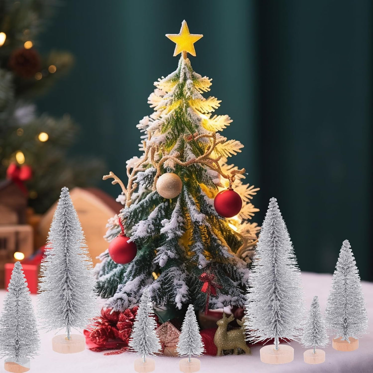 40Pcs Mini Árboles de Navidad Yookat con Base de Madera