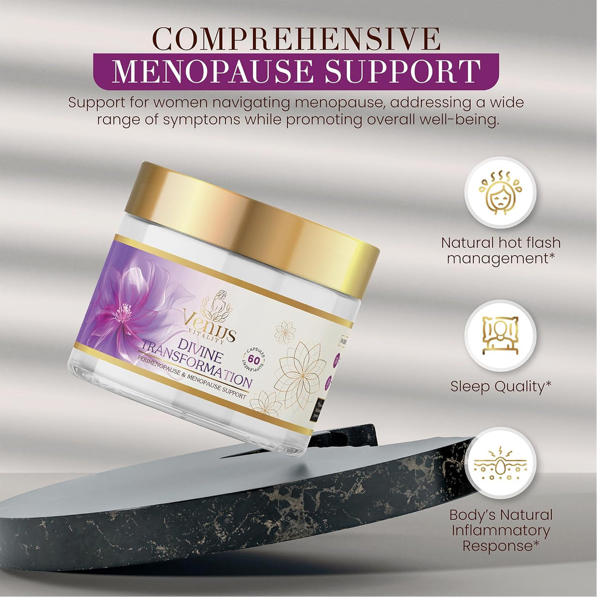Suplemento de equilibrio hormonal con Black Cohosh, Maca y Basil para menopausia