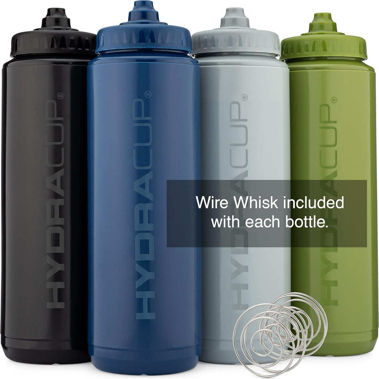 Hydra Cup - Paquete de 4 botellas de agua exprimibles de 32 onzas, sin BPA, para deportes, ciclismo, bicicleta, hidratación rápida por chorro y batidor de alambre incluido.