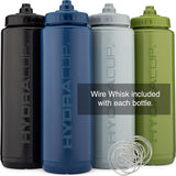 Hydra Cup - Paquete de 4 botellas de agua exprimibles de 32 onzas, sin BPA, para deportes, ciclismo, bicicleta, hidratación rápida por chorro y batidor de alambre incluido.