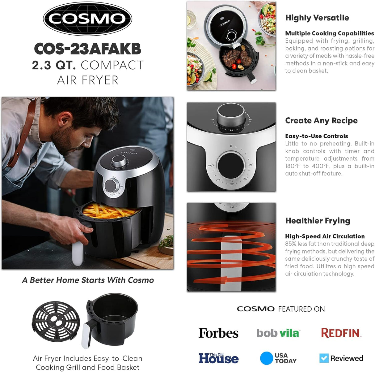 Freidora de aire COSMO COS-23AFAKB 2.3QT, 1000W, temporizador