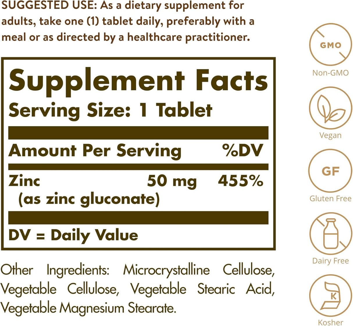 Suplemento Zinc 50 mg, 100 comprimidos sin gluten 100 unid