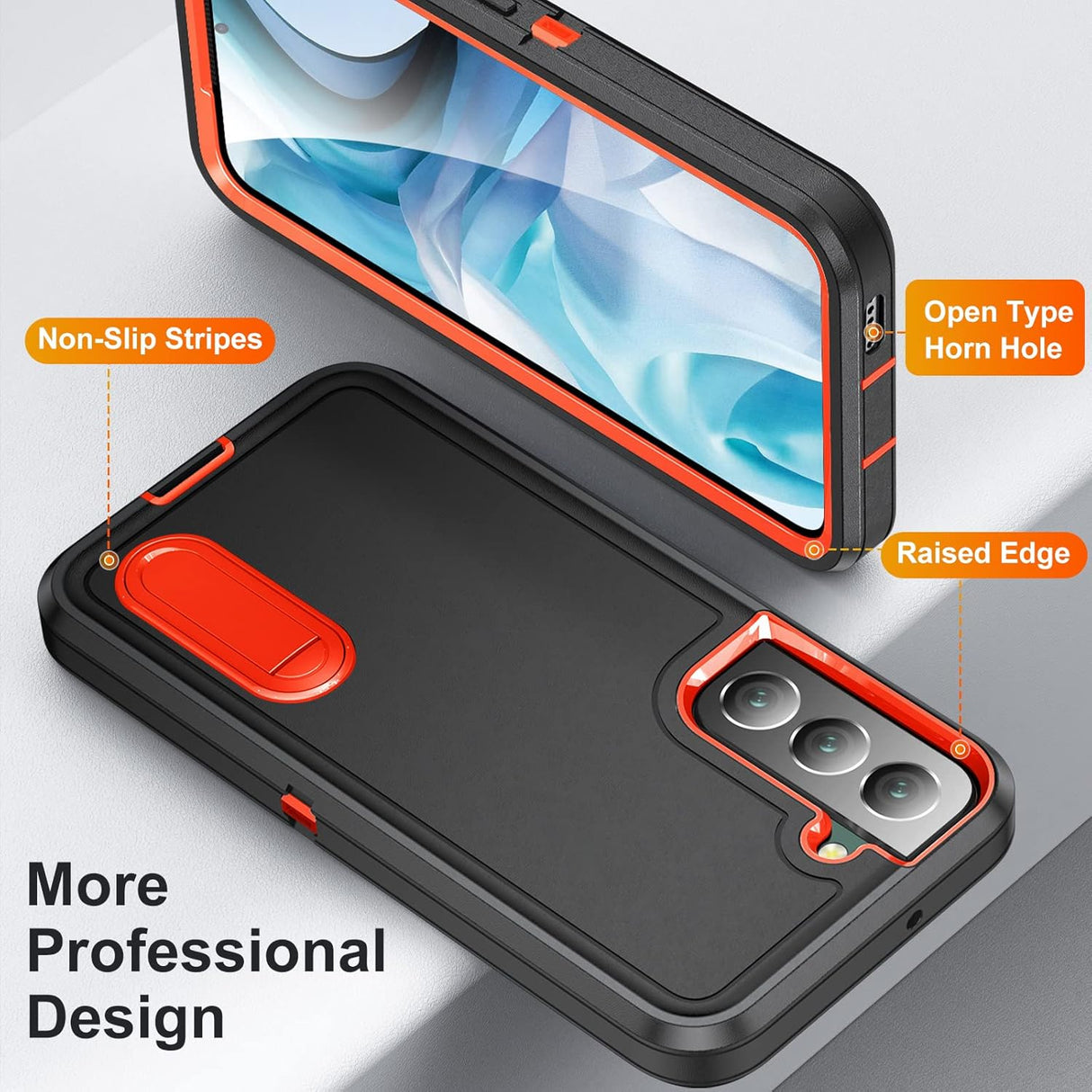 BaHaHoues Funda para Samsung Galaxy S22, Samsung S22, con soporte integrado, a prueba de golpes, polvo, caídas, grado militar, para Galaxy S22 5G de 6.1 pulgadas (negro/naranja)