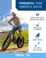 Bicicleta eléctrica Hiboy P6, 1000W, 62.1 millas, 26” fat tire
