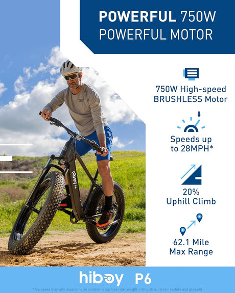 Bicicleta eléctrica Hiboy P6, 1000W, 62.1 millas, 26” fat tire