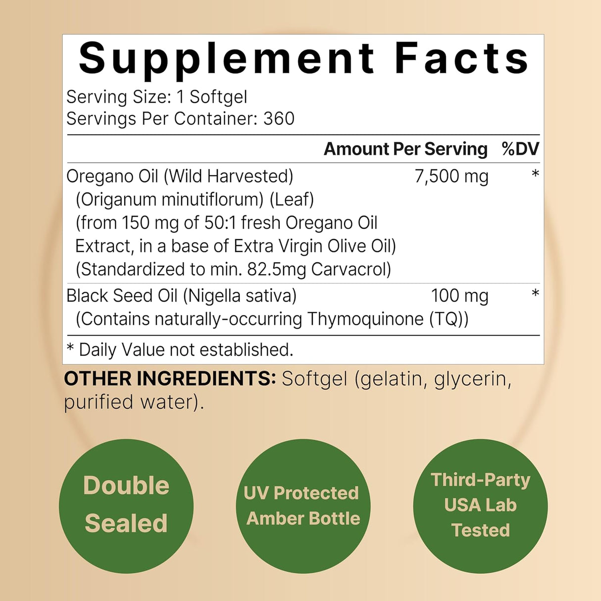 Suplemento Aceite de orégano de semilla negra 7,500 mg 360u