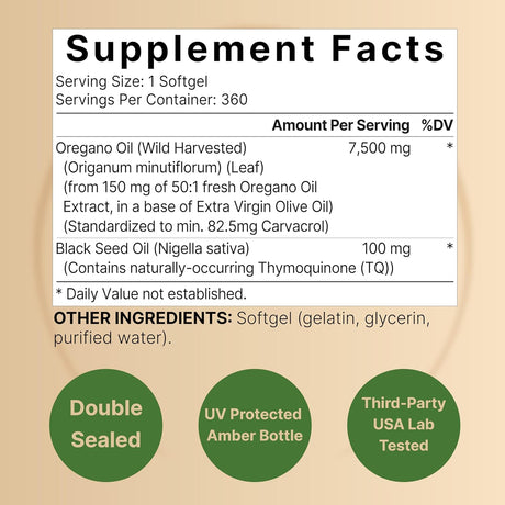 Suplemento Aceite de orégano de semilla negra 7,500 mg 360u