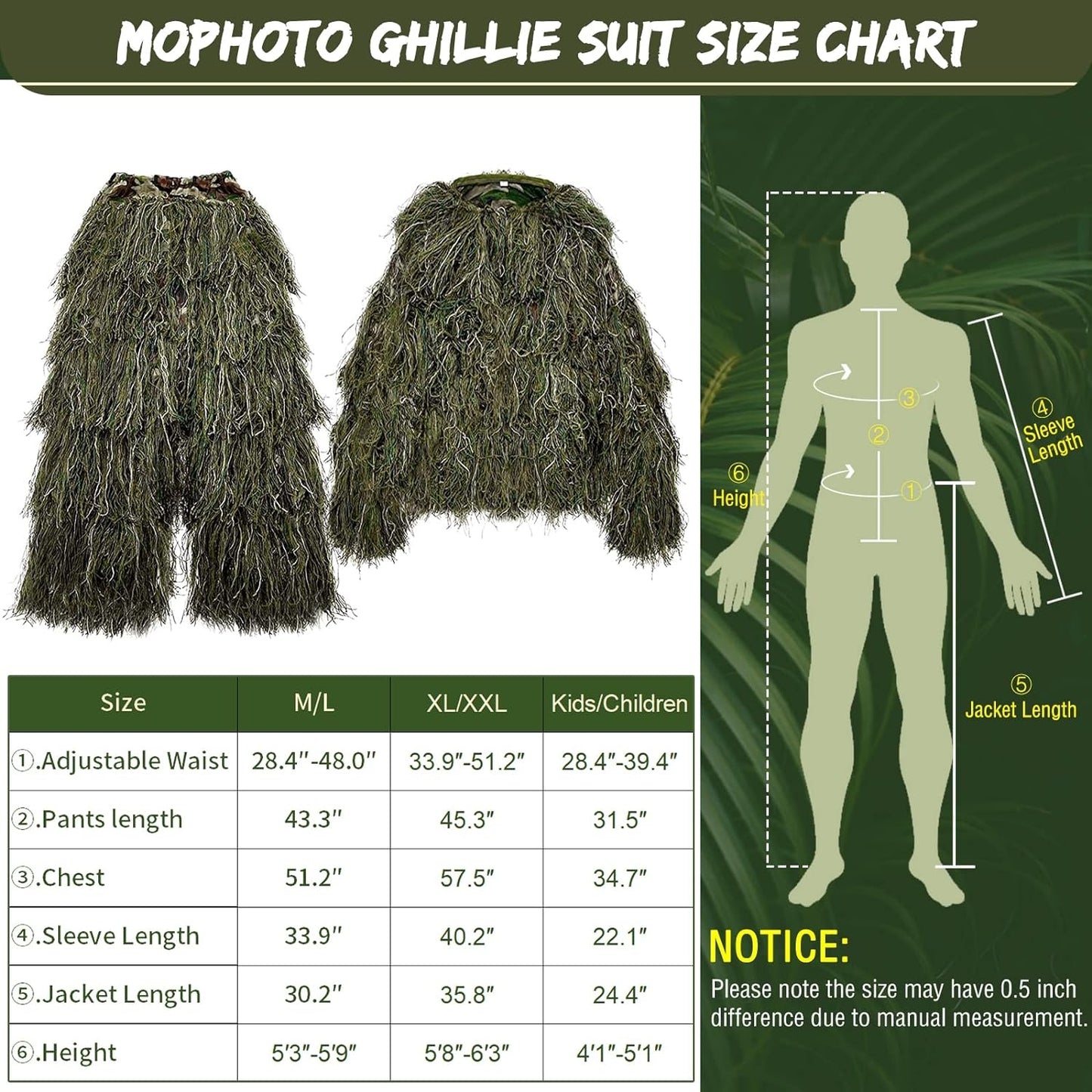 Traje Ghillie 5 en 1 MOPHOTO, Camuflaje, Unisex M/L/XL/XXL