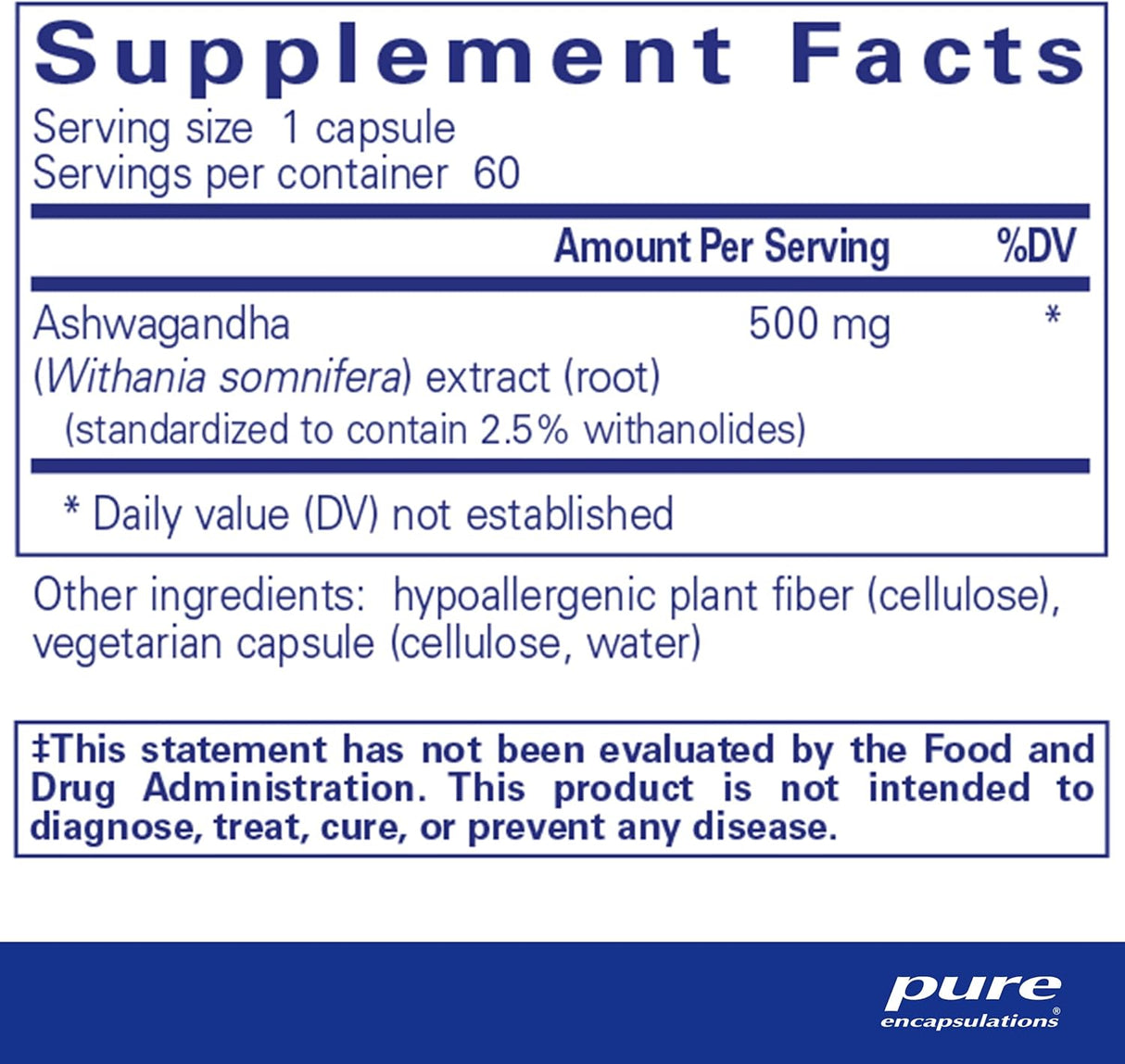 Suplemento Pure Encapsulations Ashwagandha  adaptógeno 60 un