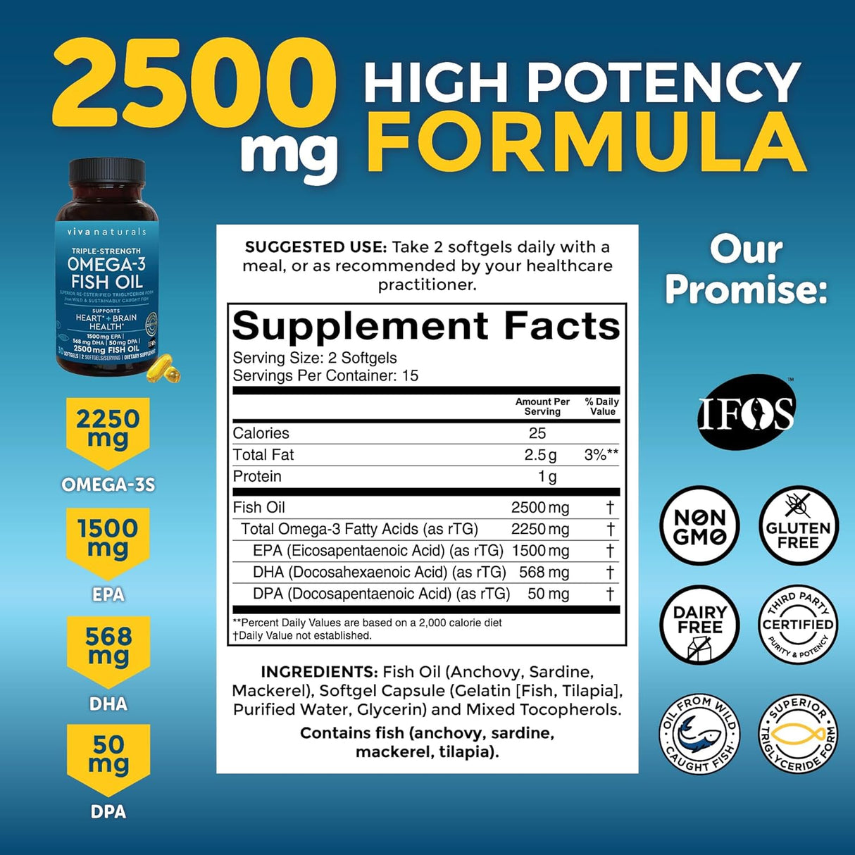 Suplemento de Aceite de Pescado Omega 3 Viva Naturals 2500 mg