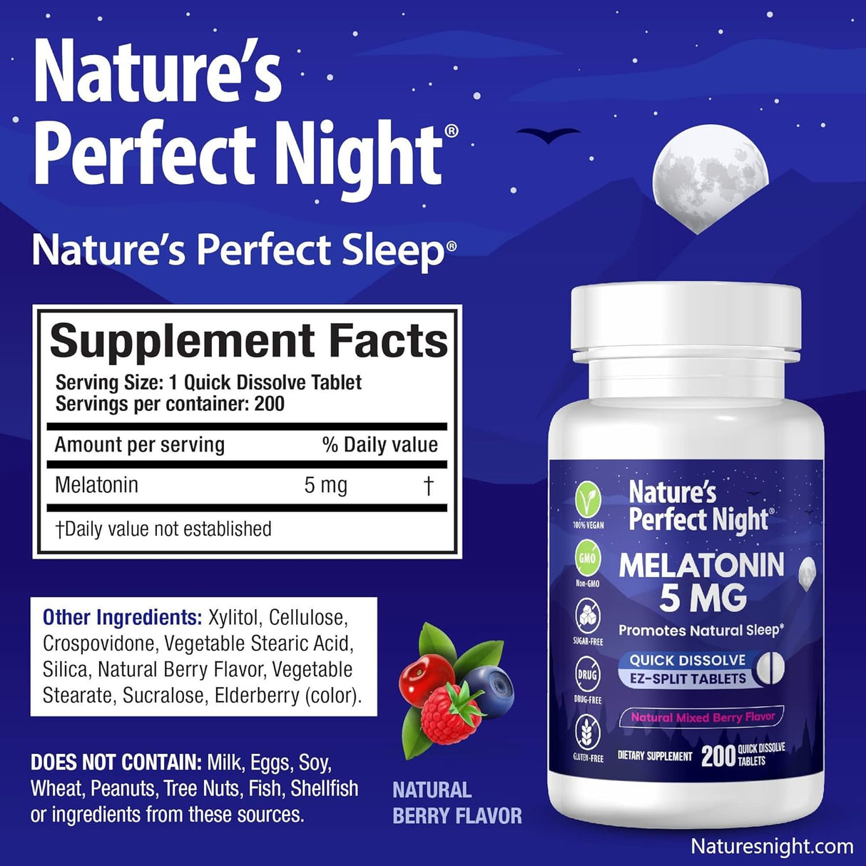 Melatonina 5mg Nature's Perfect Night 200 Tabletas Veganas