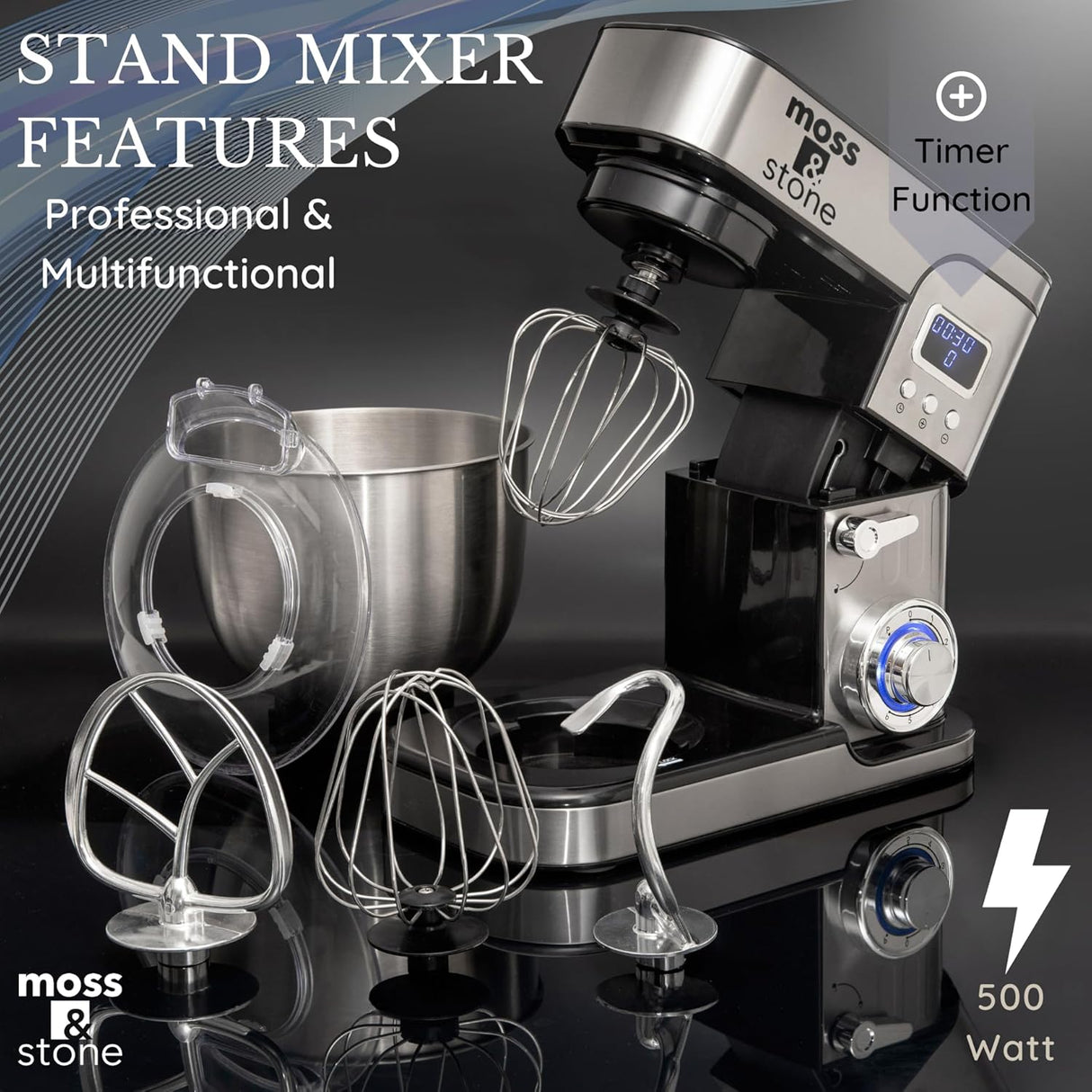 Batidora eléctrica Moss & Stone, 5.5L, 6 velocidades, LCD
