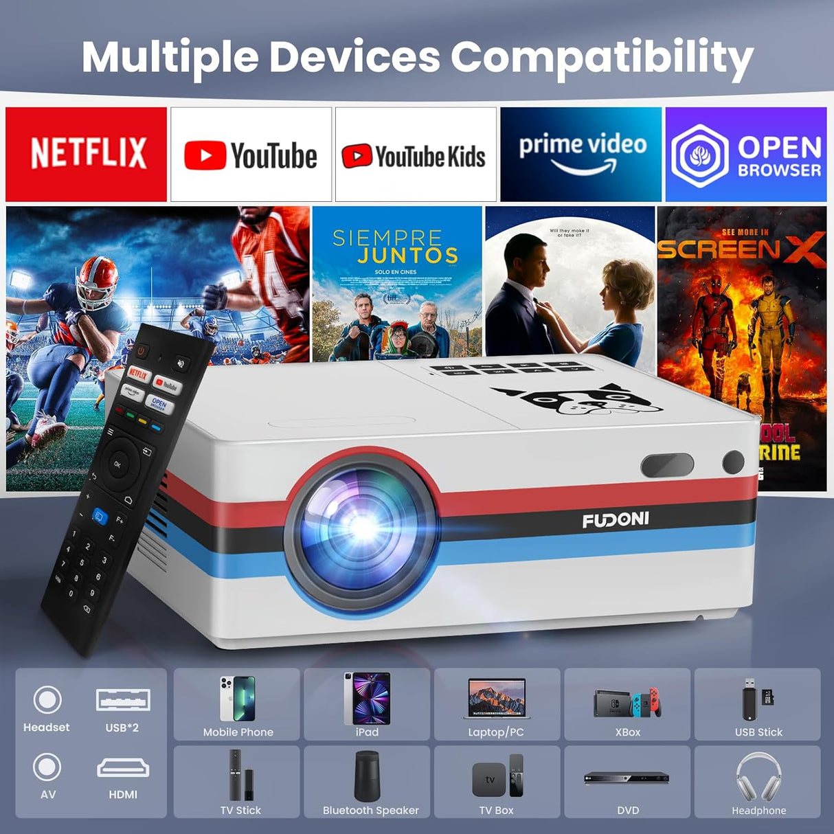 Proyector Smart FUDONI 1080P WiFi, Dolby, 600ANSI, Auto Keystone