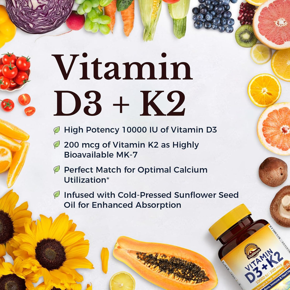Vitalitown Vitamina D3 K2 Suplemento 90 cáp. Non-GMO