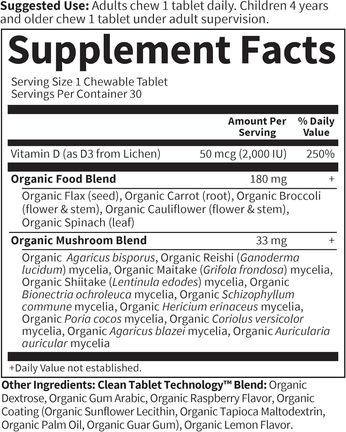 Vitamin D3 Vegano Masticable 2000 IU Garden of Life 30 Tablets