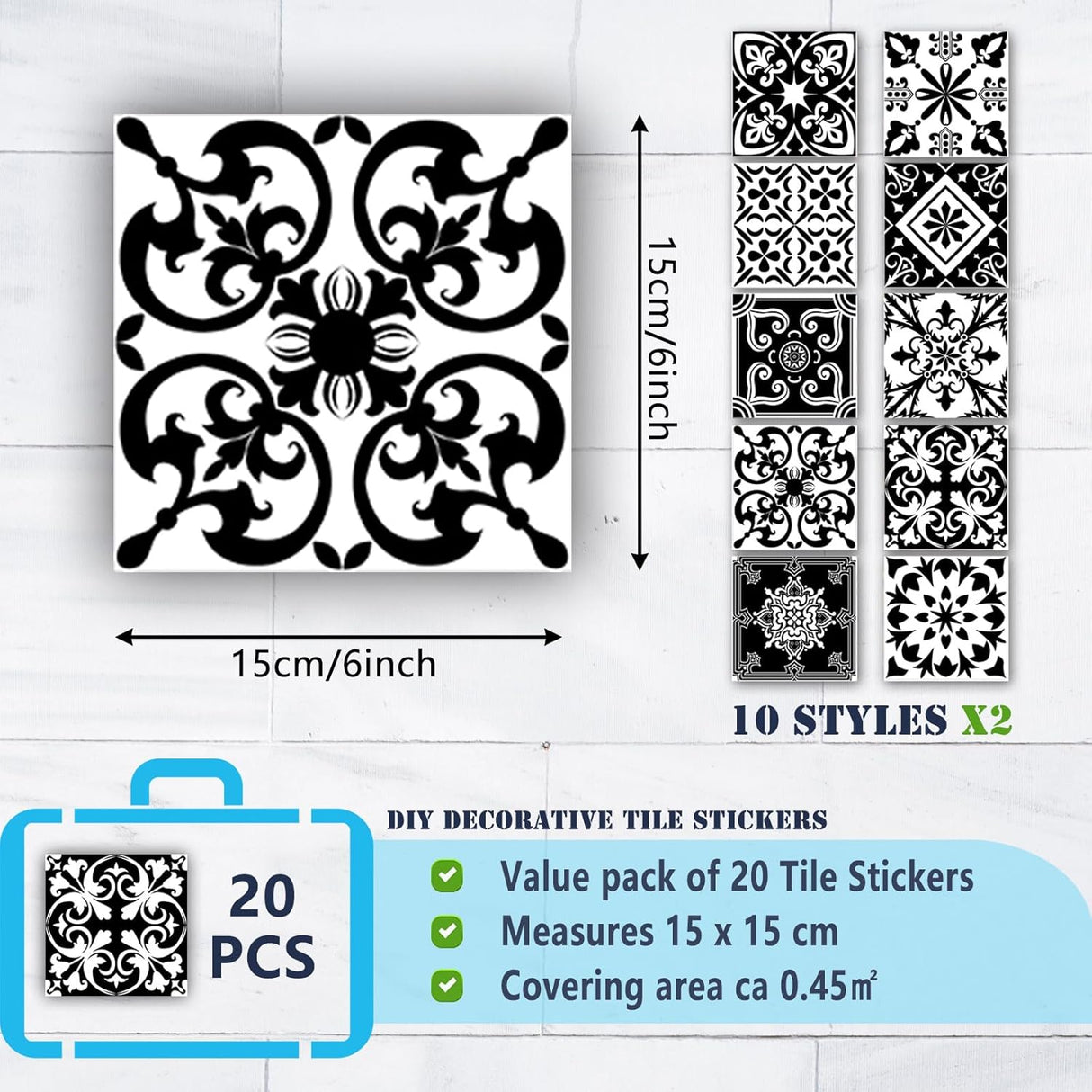 Pegatinas Retro para Azulejos, PVC, Estilo Marruecos, 6x6 Pulg