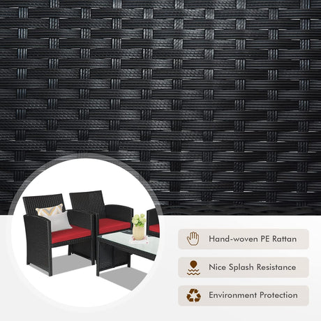 Goplus Juego de muebles de ratán para patio, 4 piezas, juego de sofá y mesa de mimbre para exteriores con cojines suaves y mesa de centro de vidrio templado para balcón, jardín, patio trasero (rojo)