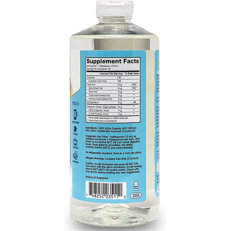 Suplemento MCT 100% aceite de coco orgánico sin OGM  30 oz