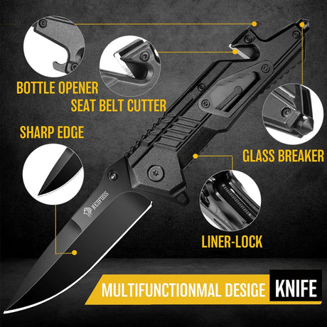 Cuchillo plegable de bolsillo EDC 5 en 1 para hombres, negro