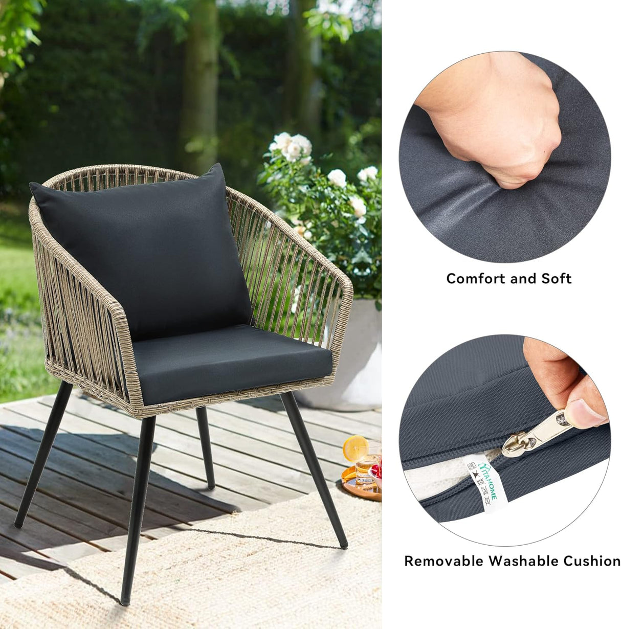 YITAHOME Juego de 3 muebles de mimbre para patio al aire libre, sillas de conversación de ratán para todo tipo de clima, para patio trasero, balcón y terraza con cojines suaves, mesa auxiliar de cristal, ratán gris
