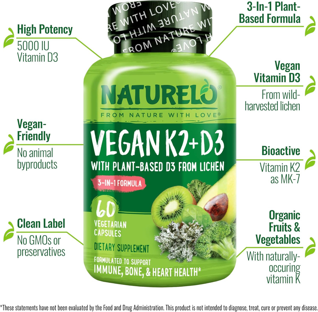 NATURELO Vitamina D3 K2 Vegana 60 Cápsulas