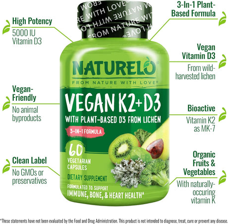 NATURELO Vitamina D3 K2 Vegana 60 Cápsulas