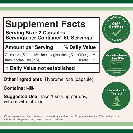 Suplemento de Calostro 120 Cápsulas Double Wood 1000mg IgG 15%