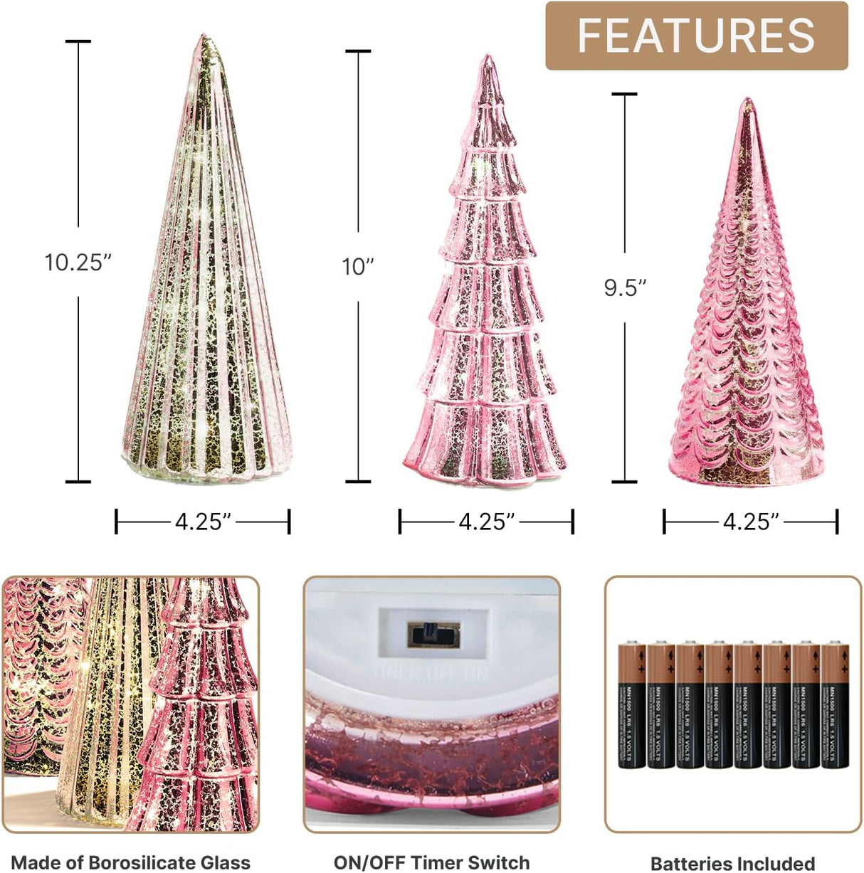 Árboles de Navidad LampLust con luces, Set de 3, 10 pulgadas