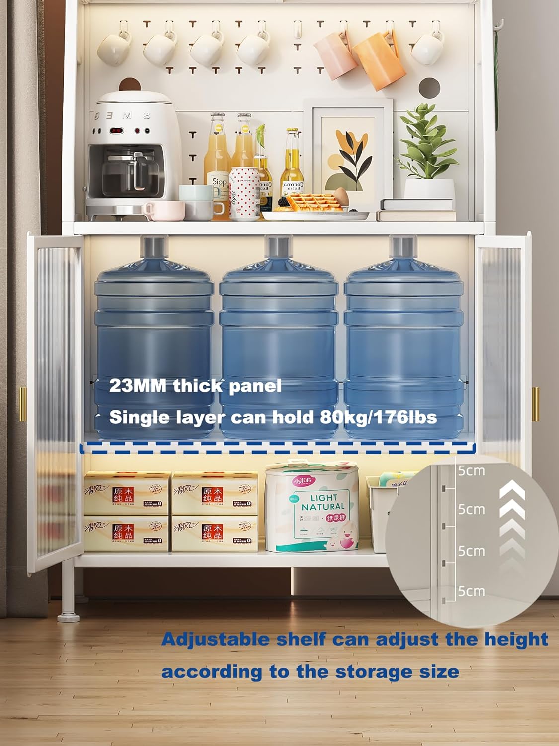 Estante de cocina para panadería con gabinete de puerta, soporte de microondas de 5 niveles