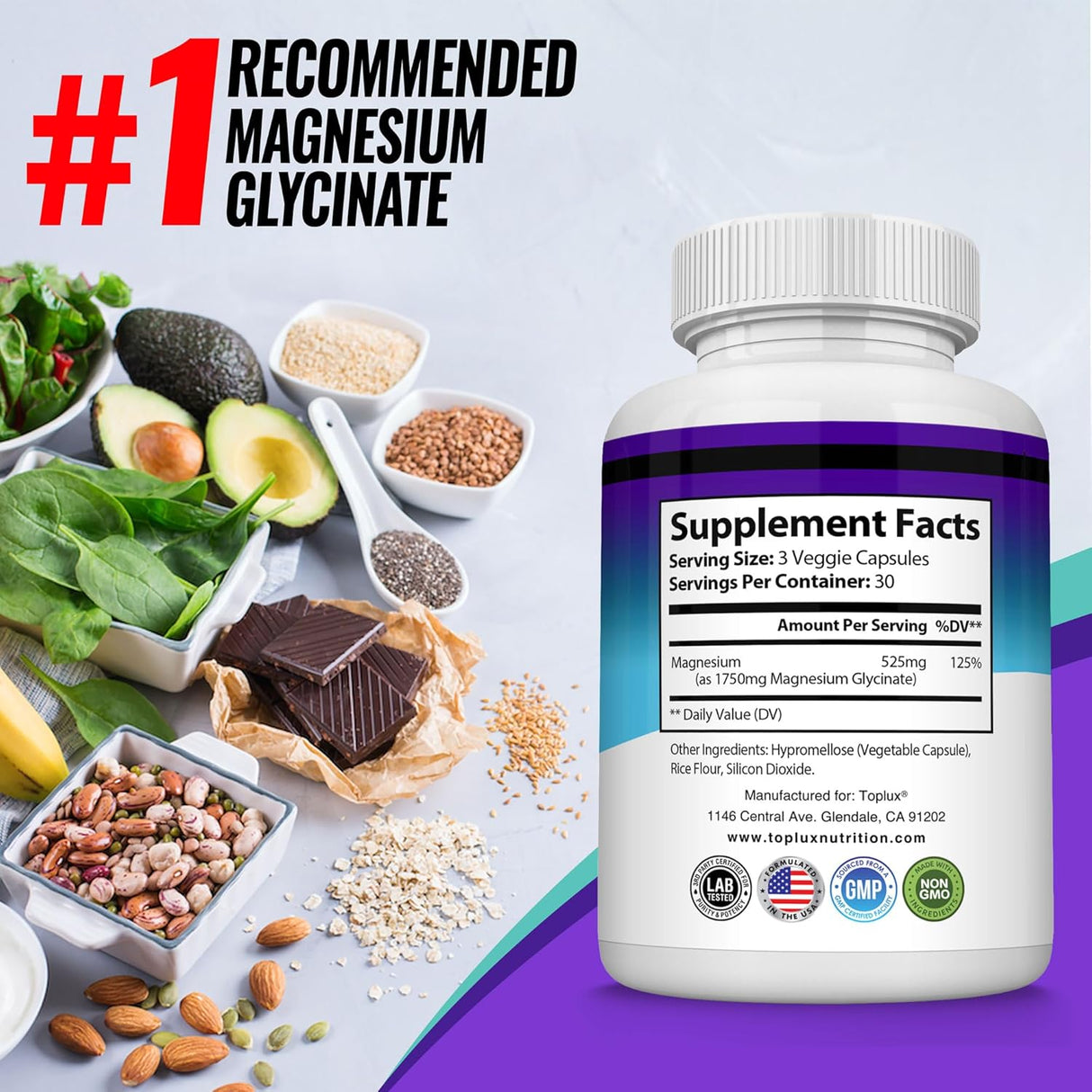 Magnesio Glicinato 525mg - Suplemento de Alta Absorción Vegan