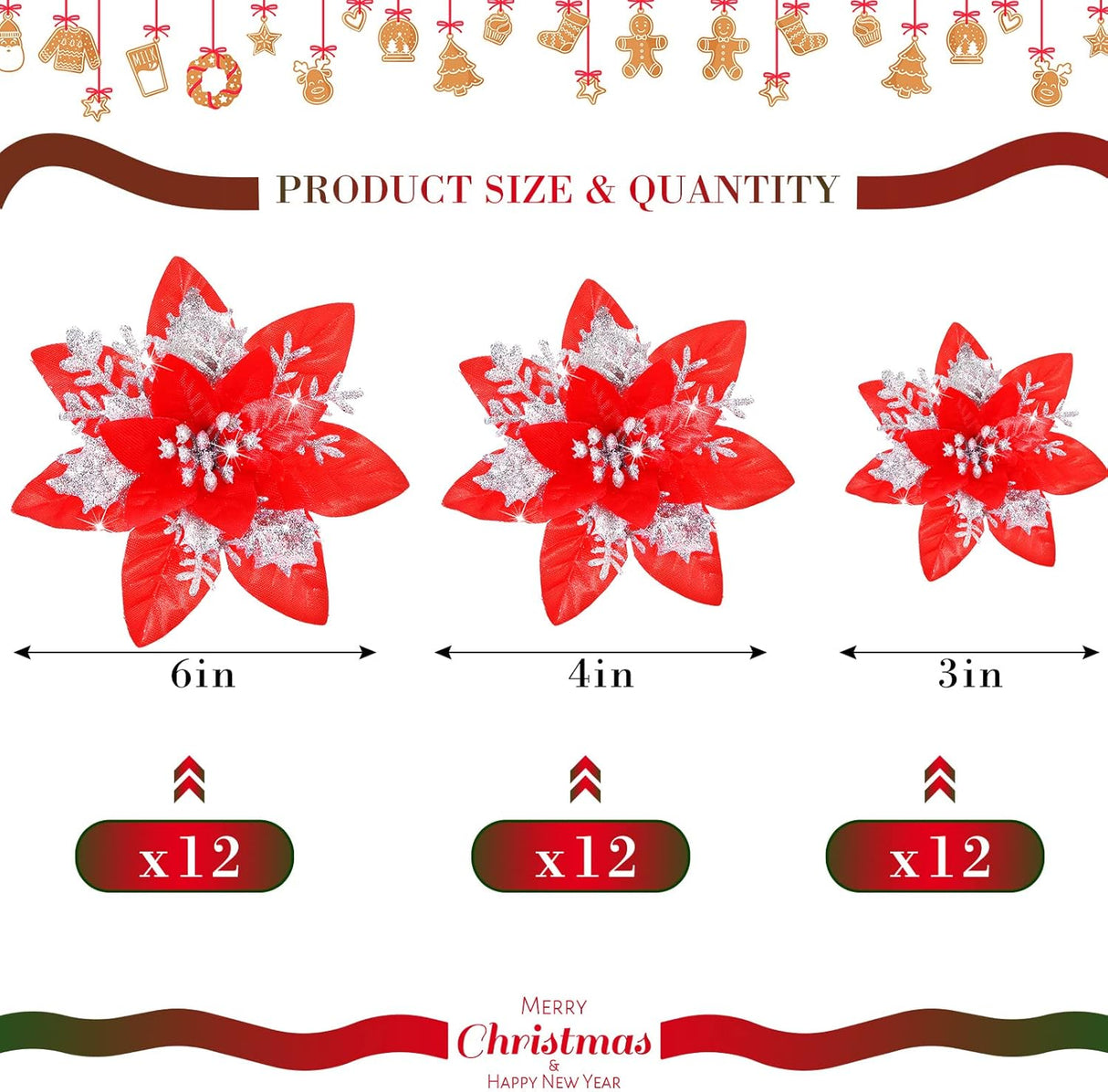 Flores Poinsettia Artificiales, Decoración Navidad, 36 Pcs