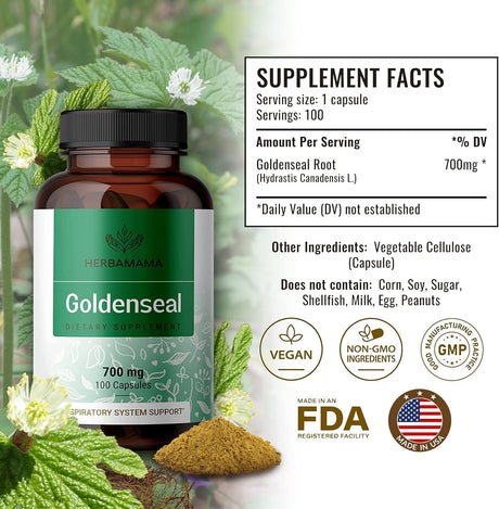 Suplemento de raíz Goldenseal  Pastillas orgánicas 100 cáp