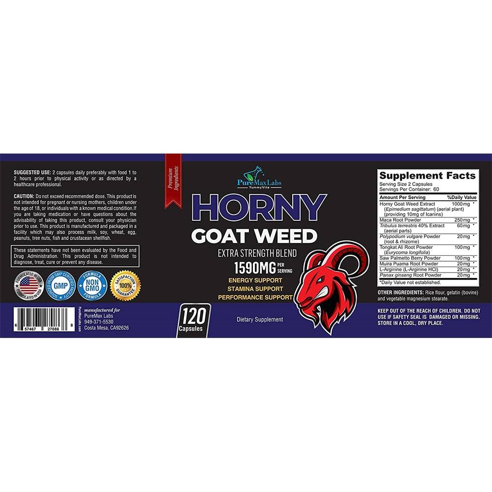 Suplemento Horny Goat Weed con maca, L-arginina 120 cápsulas