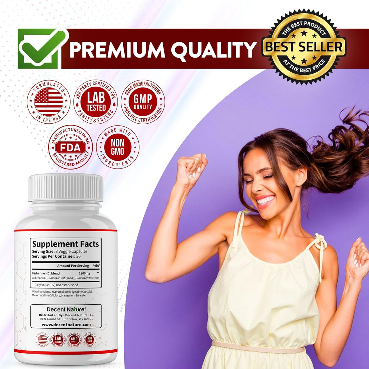 Suplemento de Berberina 1800mg - Alta Pureza, 90 Cápsulas